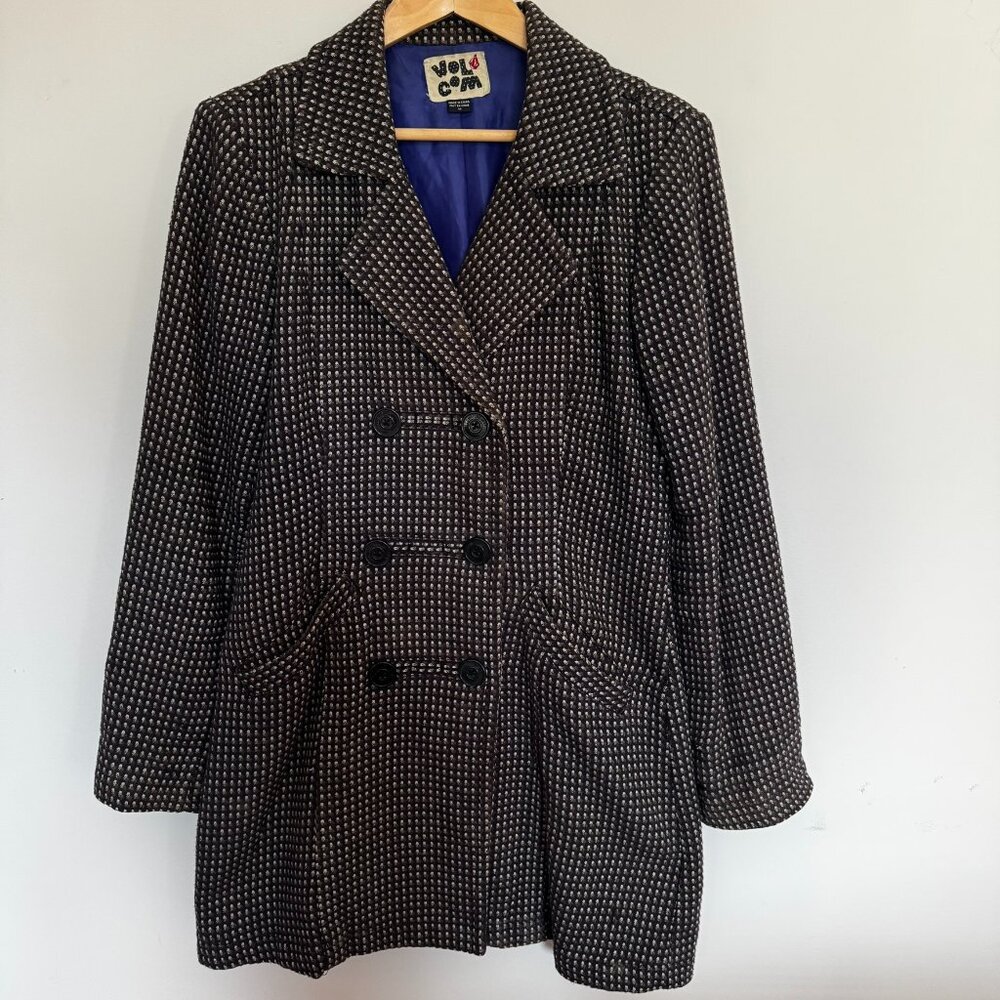 VOLCOM Vintage Long PeaCoat– Grey Flecked, Purple Lining, Y2K Skate Heritage - M